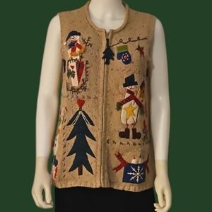 THEME WORKS Knit Embroidered Ugly Christmas Snowman Sweater Zipper Holiday Vest